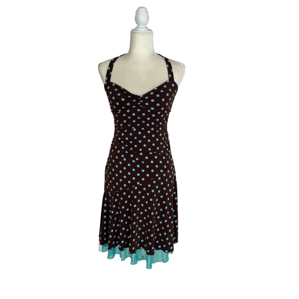Y2K Teal & Brown Polka Dot Halter Dress